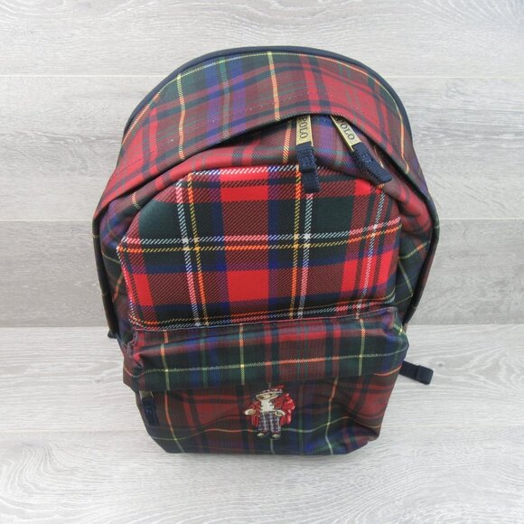 Polo Ralph Lauren Polo Bear Red Navy Plaid Check Backpack School Travel - Picture 4 of 16